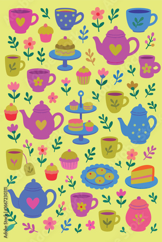High Tea Afternoon Cafe Cake Coffee Cup Dessert Food Party Sweet Vector Bread Sandwich assortment cake stand cupcake Gourmet Print Design