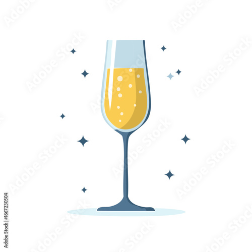 Elegant champagne flute illustration with golden sparkling wine, festive bubbles, and starry elements