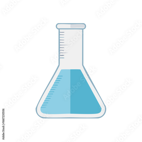Laboratory flask filled with blue liquid. Science and experiment illustration