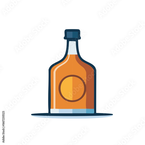 Stylized glass bottle with amber liquid and dark cap, simple design with a circular label
