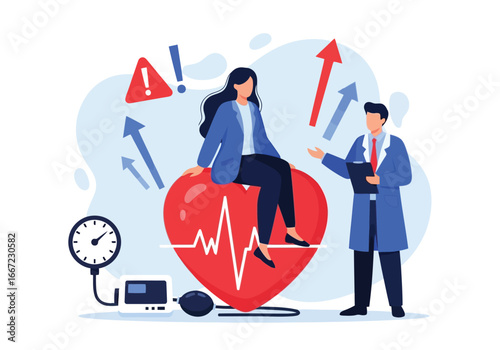 Vector art of a doctor consults with a patient sitting on a giant heart with a heartbeat line, surrounded by medical equipment and warning signs, symbolizing heart health and medical care