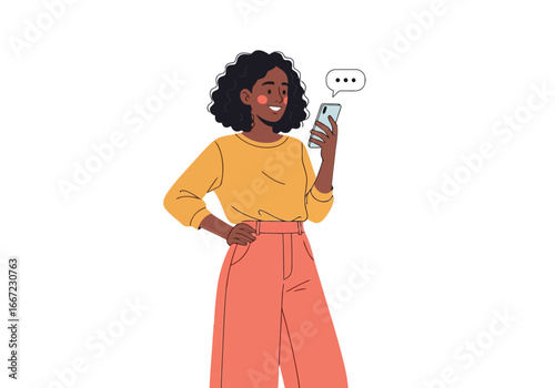 Vector art of young woman smiling and holding a smartphone with a chat bubble, representing communication, social media, and messaging