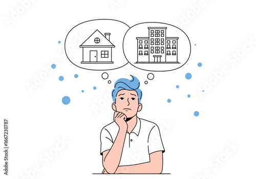 Vector art of man thinking about choosing between a house and an apartment, symbolizing decision making, real estate, and lifestyle choices