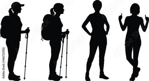 Women silhouette, hiking pose, trekking gear, outdoor activity, expressive gesture, adventure female, backpack vector, fitness stance, black illustration, motion clipart