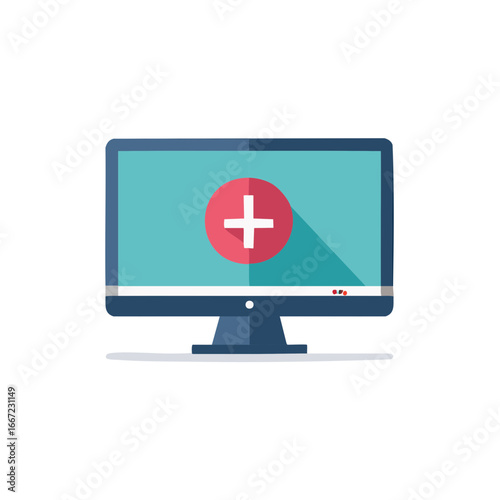 Computer monitor displaying a medical cross for healthcare technology and telemedicine concepts