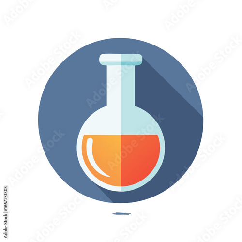 Flat design illustration of a laboratory flask with orange liquid and long shadow