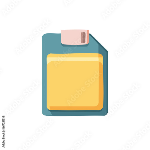 Simple illustration of a vintage floppy disk with a square yellow shape inside