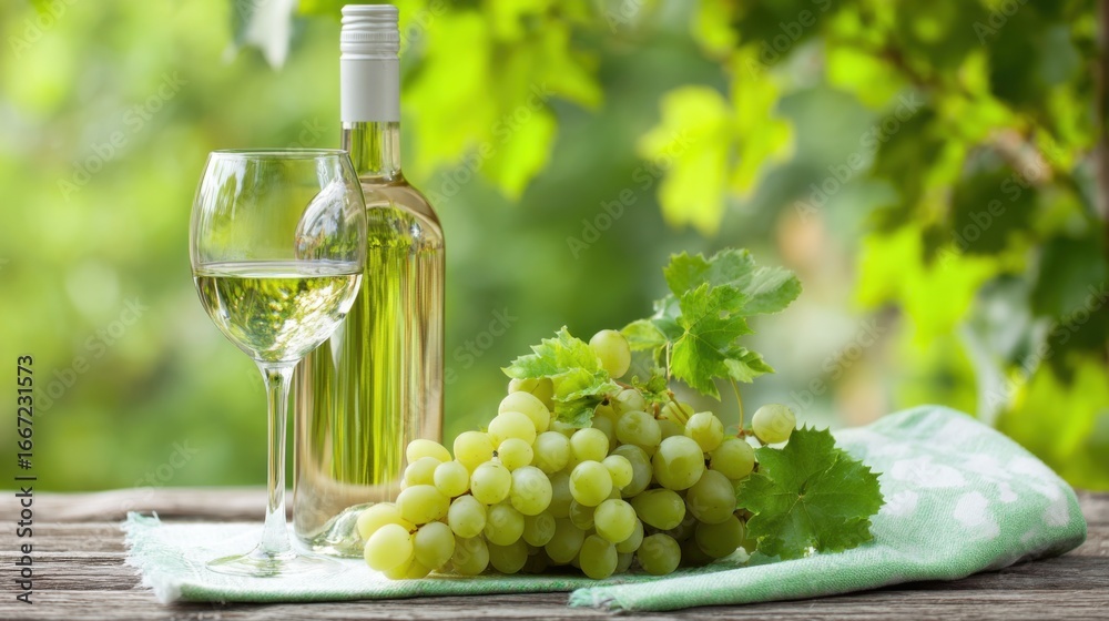 Obraz premium A refreshing glass of white wine sits next to a bunch of green grapes on a rustic wooden table. Sunlight filters through lush vineyard leaves, creating a serene ambiance