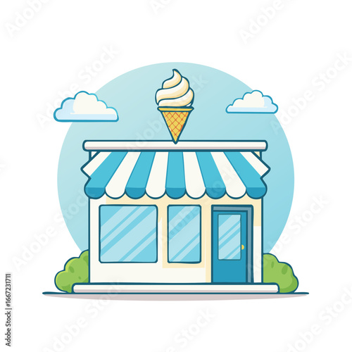 Cute cartoon ice cream shop with awning and cone