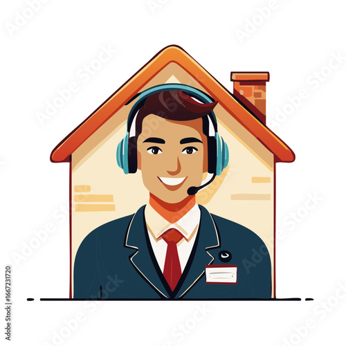 Customer service representative with headset in house-shaped background