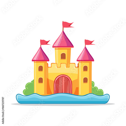 Cartoon Fairy Tale Castle with Flags on Water for Children Book Illustration