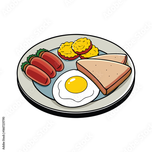 Delicious breakfast platter featuring scrambled eggs golden toast and savory sauce illustration