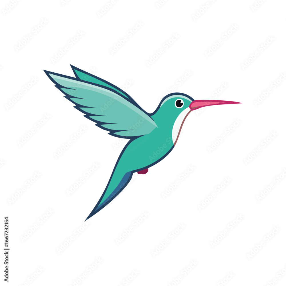 Fototapeta premium Turquoise hummingbird with pink beak in flight