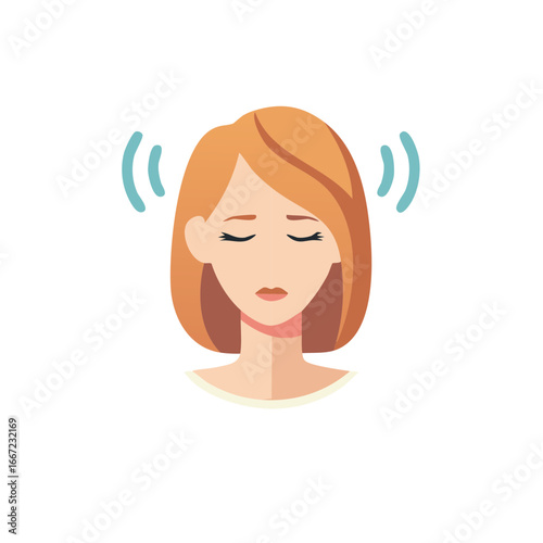 Woman with short red hair experiencing tinnitus or hearing loss with sound waves