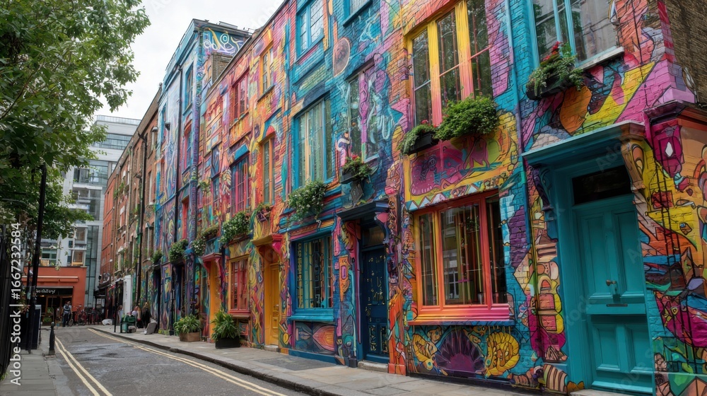 Fototapeta premium Bright murals cover historic buildings in an urban area, showcasing intricate designs and vivid colors, while plants decorate the window sills, creating an inviting atmosphere