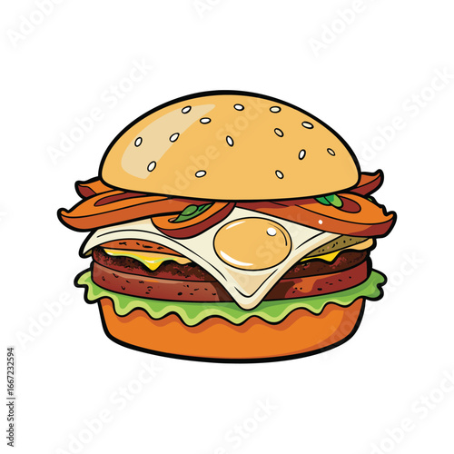 Delicious cheeseburger with a perfectly fried egg and crispy bacon topping presented as a clean vector illustration