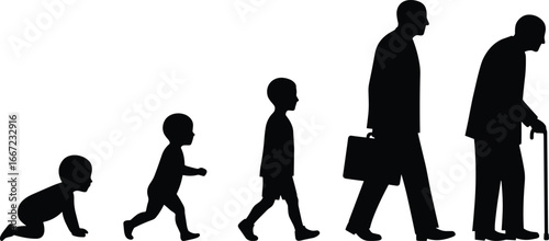 Human life stages, silhouette evolution, baby to elderly, aging concept, growth timeline, vector illustration, generational change, walking figures, age progression