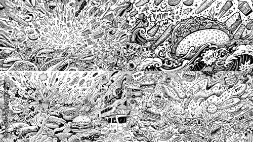 Intricate black and white doodle illustration with chaotic surreal elements. Highly detailed fantasy line art perfect for coloring books and abstract projects.