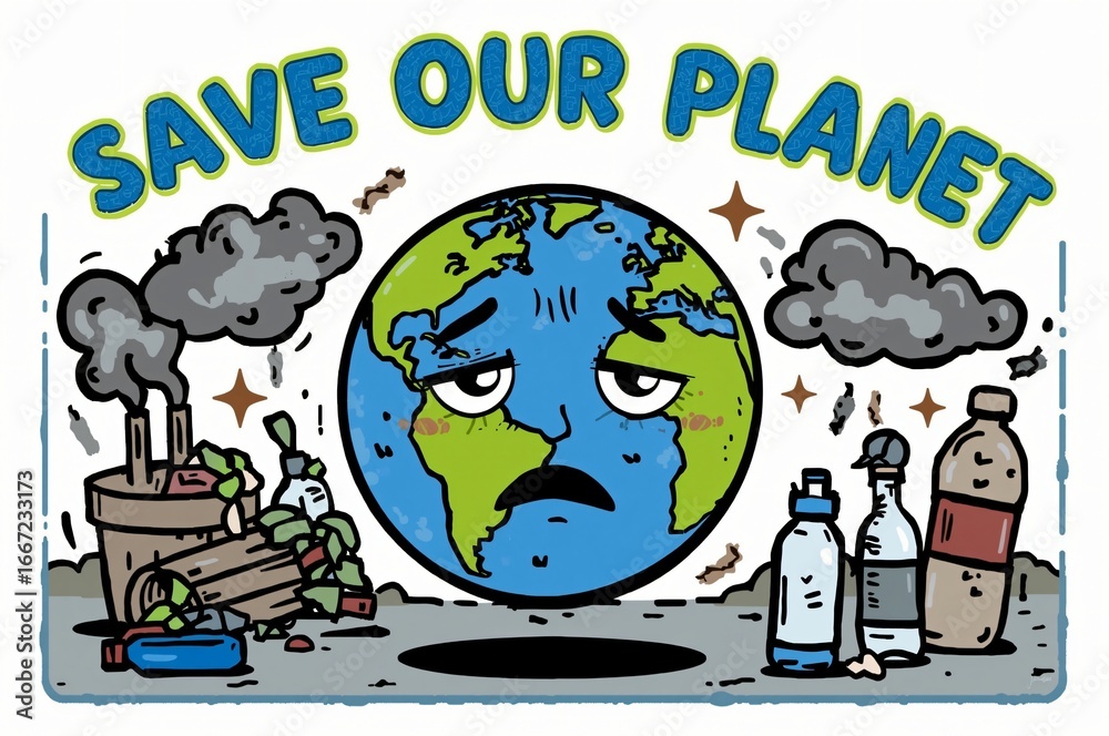 Fototapeta premium Sad Earth, pollution, recycling plea, background smoke