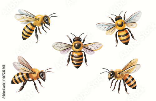 Flying watercolor honeybee elements with realistic hand painted details.