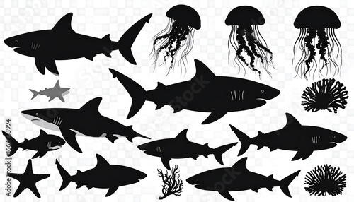 Collection of Shark and Jellyfish Silhouettes with Marine Life Elements.