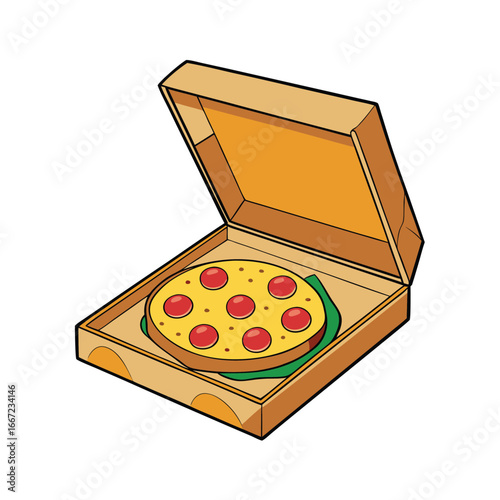 Classic open pizza box with a delicious pepperoni pizza inside ready for delivery or enjoyment