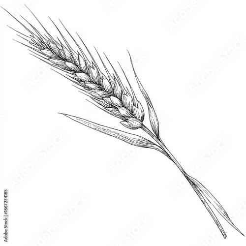 Detailed monochrome drawing of an ear of wheat with grains and stem