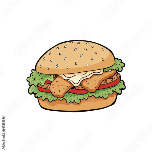 Delicious crispy chicken sandwich with creamy slaw and zesty spicy mayo illustration