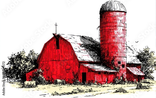 Illustration of a red barn with silo in rural scene against a white background