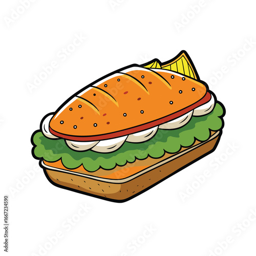 Delicious crispy fish fillet sandwich with creamy tartar sauce and fresh bun illustration