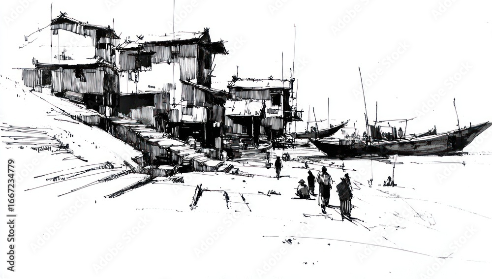 Obraz premium Ink drawing of riverside village, figures, boats, and clustered simple buildings