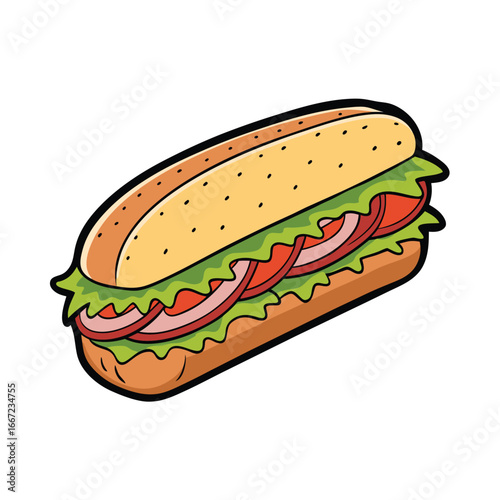 Delicious crusty baguette sandwich filled with ham and melted cheese on a white background