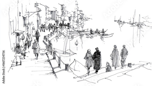 Sketch of figures along a canal with boats, buildings in the background