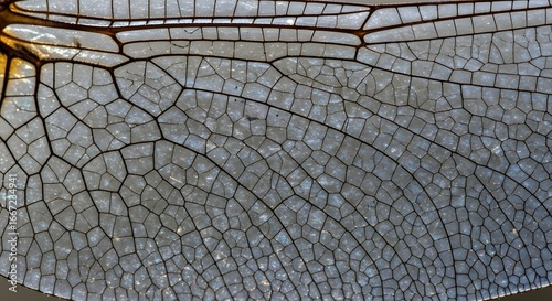 Closeup macro view of a dragonfly wing showing intricate vein patterns and delicate structure