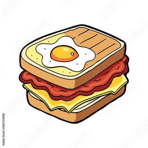 Delicious crusty grilled sandwich featuring fried egg and crispy bacon on white bread