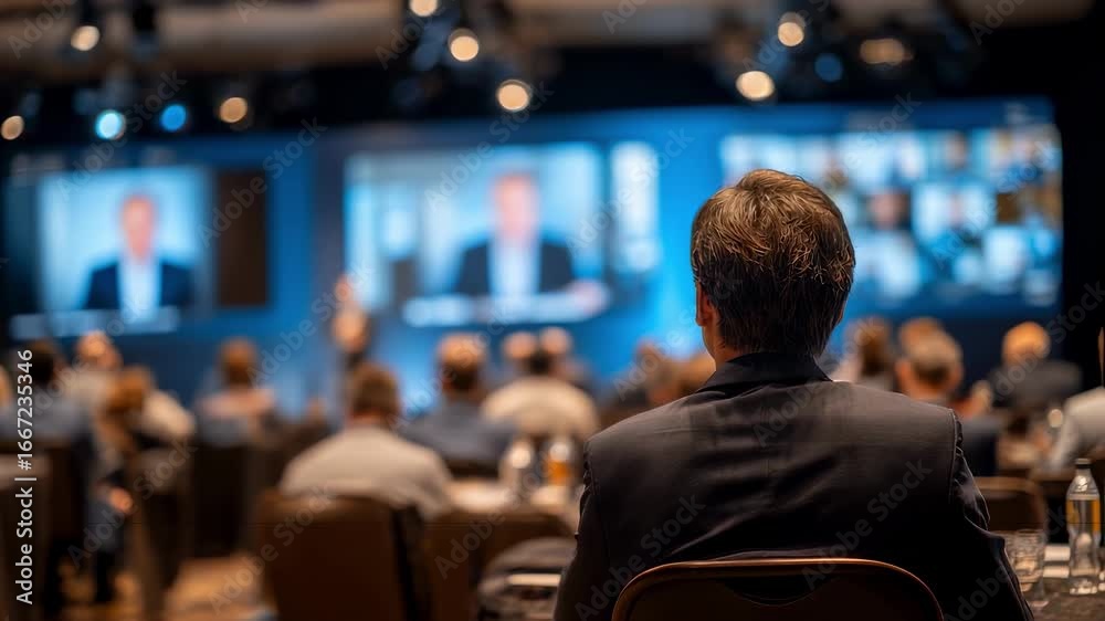 Hybrid conference session showing a speaker in sharp focus addressing a small audience blurred screens and virtual participants visible in the background. Hybrid conference session showing a speaker in sharp focus addressing a small audience blurred screens and virtual participants visible in the background.