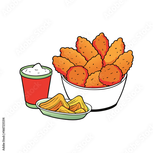 Crispy golden deep fried chicken tenders with dipping sauces ketchup and ranch