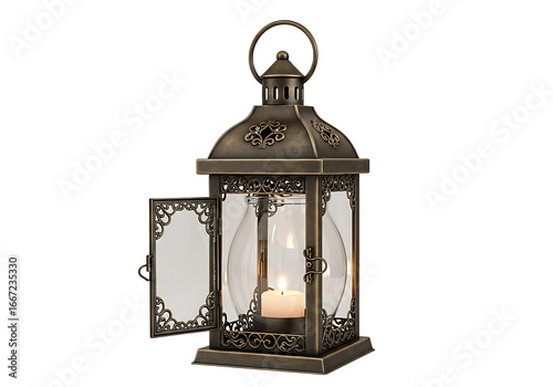 A decorative antique-style lantern with ornate details and clear glass panels displays a warm candlelight.