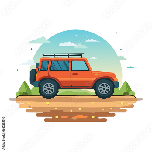 Orange off road vehicle adventure driving on dirt track under clear sky