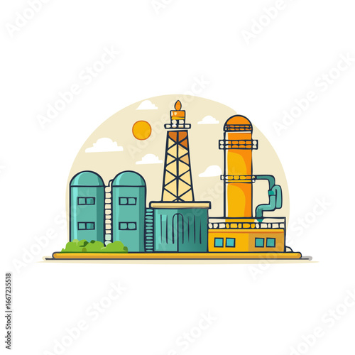 Vibrant industrial complex featuring an oil derrick, storage tanks, and a towering smokestack under a bright sunny sky illustration.