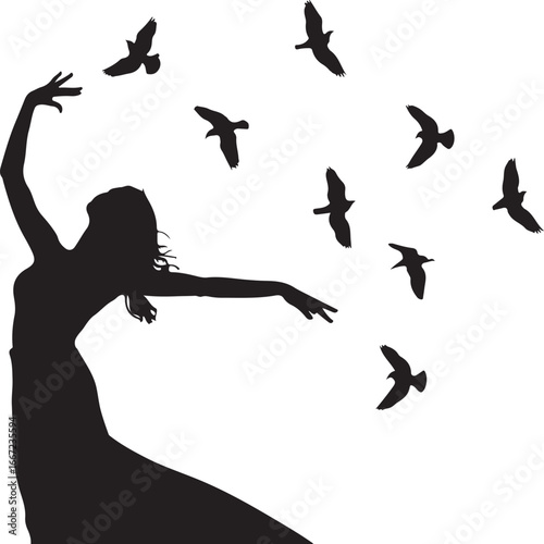 Silhouette dancer releasing birds woman dress