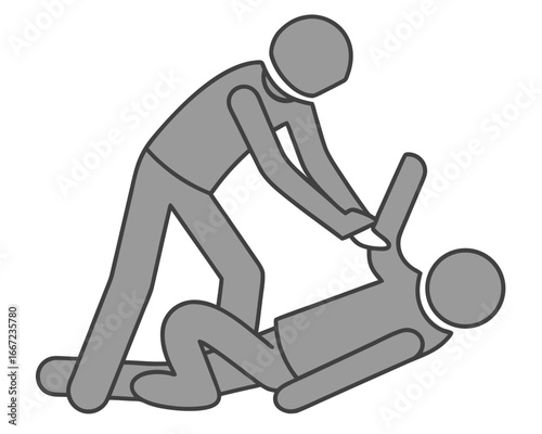 A person in a defensive stance is restraining another person who is on the ground.