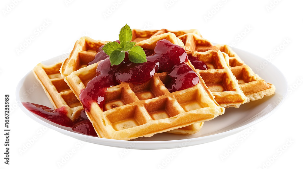 A plate of waffles with a mint leaf on top and a drizzle of syrup A plate of waffles with a mint leaf on top and a drizzle of syrup