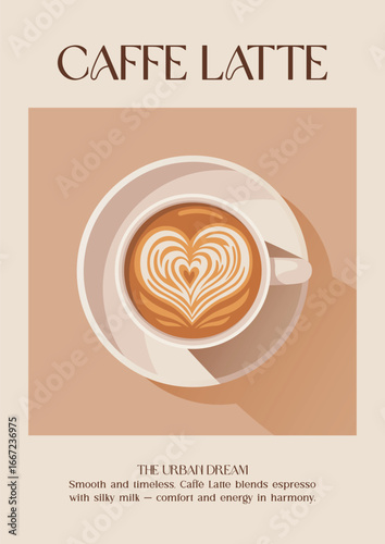 Coffee image. Modern kitchen decor. Caffe latte with milk. Minimalist coffee art. Minimalist retro posters with drink. Colorful trendy print. Vector illustration