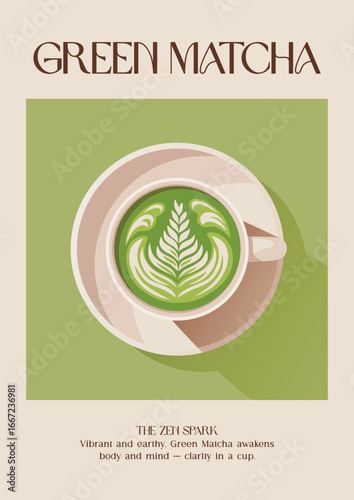 Green matcha image. Modern kitchen decor. Matcha latte with milk. Minimalist matcha art. Minimalist retro posters with drink. Colorful green trendy print. Vector illustration