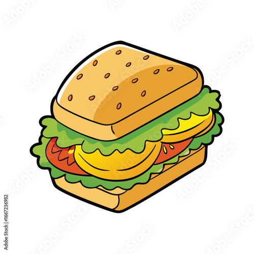 Delicious golden chicken cutlet sandwich with fresh lettuce on a bun illustration