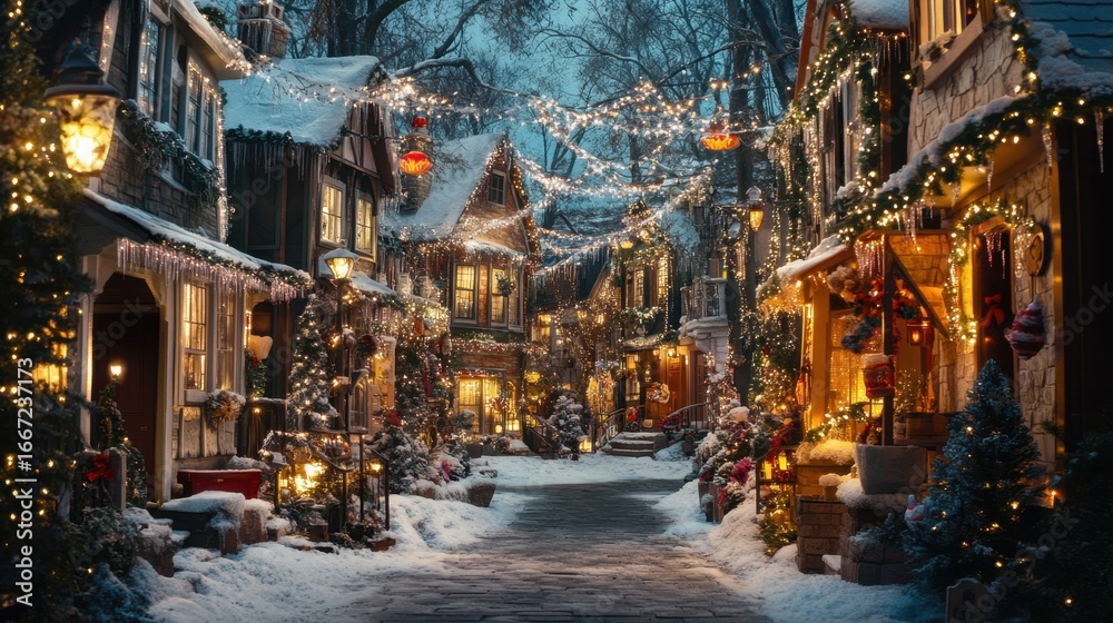 Fototapeta premium A snowy village street is decorated with christmas lights and trees
