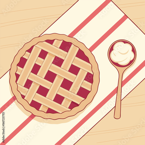 Lattice crust raspberry pie with whipped cream rests on a striped towel and wood