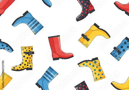 Colorful rain boots in various patterns form a fun, repeating design on a black background.