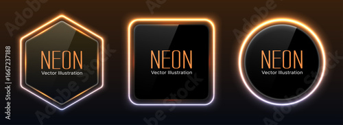 Glowing Neon Shapes Banner – Realistic Hexagon, Square, and Circle Glass Buttons with Golden Light Effect for Futuristic Web, App Icons, Digital Interfaces, and Modern Graphic Design Vector.